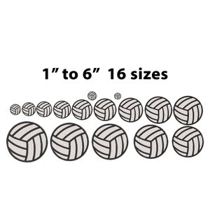 May include: A set of 16 black and white volleyball embroidery designs in various sizes, ranging from 1 inch to 6 inches.