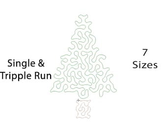May include: A green outline of a Christmas tree with a single and triple run stitch pattern. The text "Single & Tripple Run" is on the left side of the image. The text "7 Sizes" is on the right side of the image.