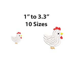 May include: White chicken embroidery design in 10 sizes, ranging from 1 inch to 3.3 inches.