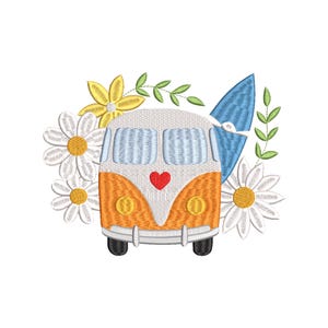 May include: An embroidered design of an orange and white campervan with a red heart, blue surfboard, and white daisies. The van is surrounded by yellow and green floral elements, evoking a summery, travel theme.