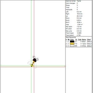 May include: A digital embroidery design of a yellow and black bee with a red heart on its body. The design is 0.94 inches in size and uses 2 colors: black, yellow, and white. The design is for a Tajima embroidery machine.