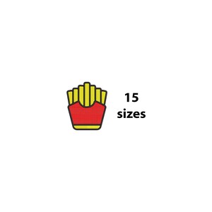 May include: A graphic illustration of a red container filled with yellow french fries, featuring a black outline. To the right of the illustration, the black text reads 15 sizes. The design is presented against a plain white background.