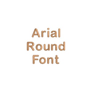 Peut inclure: Texte "Arial Round Font" en police marron clair en 3D sur fond blanc. Le texte est centré et la police semble être de style sans-serif.