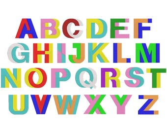 May include: A full alphabet in capital letters, each letter is a different color. The letters are in a sans-serif font and have a layered, 3D effect. The colors include red, blue, green, yellow, pink, and orange.