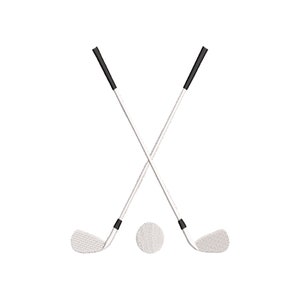 Puede incluir: Dos palos de golf blancos con empuñaduras negras cruzados entre sí con una bola de golf blanca en el centro.