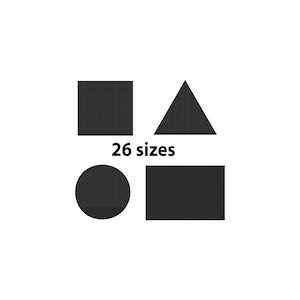 May include: Black geometric shapes: a square, triangle, circle, and rectangle. The text "26 sizes" is displayed below the shapes. The shapes have a textured appearance and are set against a white background.