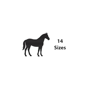 May include: A black horse silhouette on a white background. The text "14 Sizes" is next to the horse. The horse is facing right. The image is a simple, graphic representation.