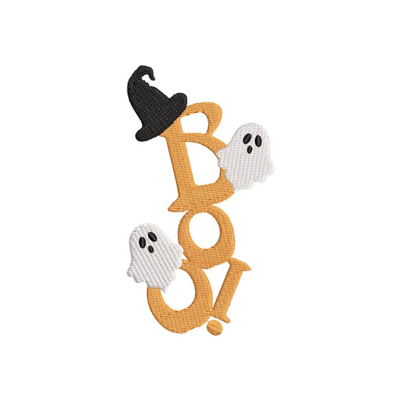 May include: A Halloween-themed design featuring the word "Boo!" in orange, with a black witch's hat atop the "B" and two white ghost figures. The design is likely for embroidery or a similar craft project.