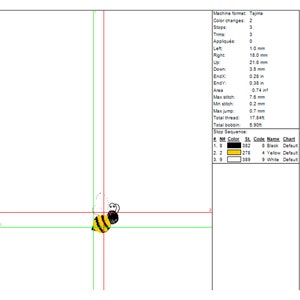 May include: A black and yellow bee embroidery design with a black outline. The bee is facing left and has its wings spread out. The design is on a white background.