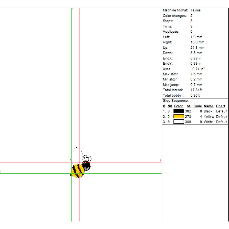 May include: A black and yellow bee embroidery design with a black outline. The bee is facing left and has its wings spread out. The design is on a white background.