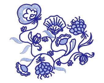 Diseño de bordado de flores chinoiserie, 6 tamaños, archivo de diseño de bordado de máquina de flores chinoiserie, diseño de bordado de contorno floral