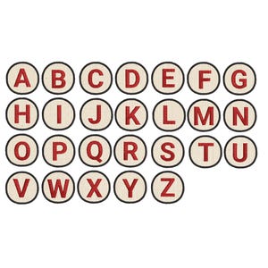 May include: A set of embroidered alphabet letters, each in a circular frame. The letters are red, set against a cream background, and outlined with a black border. The letters A to Z are displayed.