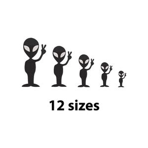 May include: Black alien silhouette with white eyes and a raised hand in a peace sign. The image shows aliens in 5 different sizes. Text at the bottom reads "12 sizes".