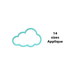 May include: A light blue cloud-shaped applique with a white background. The text "14 sizes Applique" is displayed in black, indicating the availability of various sizes for this design. This applique is suitable for crafting projects.