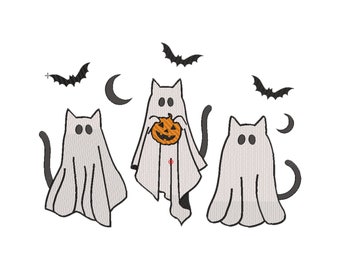 3 diseños de bordado a máquina de gato fantasma, 3 tamaños, 3 diseños de bordado de gato fantasma de Halloween, archivos de bordado de gato de Halloween, bordado de gatito Boo