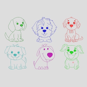 Hund Stickerei Design Bundle, 8 Größen, 6 Welpen Hund Linie Stickdatei, Mini Hund Maschinenstickerei Design, süße Hund Stickdatei