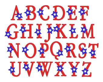 May include: Red uppercase alphabet letters, each adorned with a blue and white star. The letters are in a serif font and are arranged in rows on a white background. The letters are A through Z.