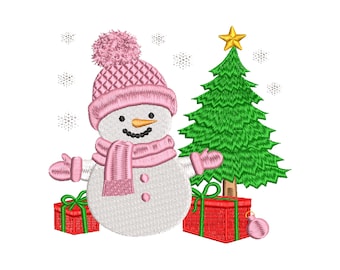 Christmas Snowman Embroidery Design , 13 sizes, Snowman with Tree Machine Embroidery Design, Christmas Embroidery Design File