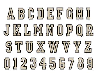 Varsity 2 kleuren lettertype-alfabet borduurwerk, 9 maten, AZ en 0-9 gesorteerd, collage machineborduur alfabet, schrift, bx-lettertype, bx inbegrepen