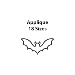 May include: A black bat applique design with the text "Applique 18 Sizes" in black. The bat has a stylized outline with pointed wings and a small head. The design is on a white background.
