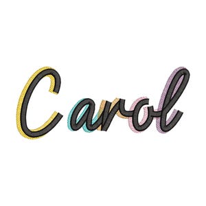 Könnte beinhalten: Gesticktes Wort "Carol" in Schreibschrift. Die Buchstaben sind schwarz mit gelber Umrandung am "C", blauer Umrandung am "a", beiger Umrandung am "r", rosa Umrandung am "o" und violetter Umrandung am "l".