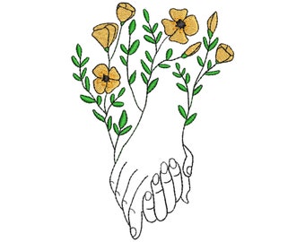 Floral Holding Hands Embroidery Design, 6 Size, Holding Hands Line Art Machine Embroidery Design, Quick Stitch Floral Love Embroidery