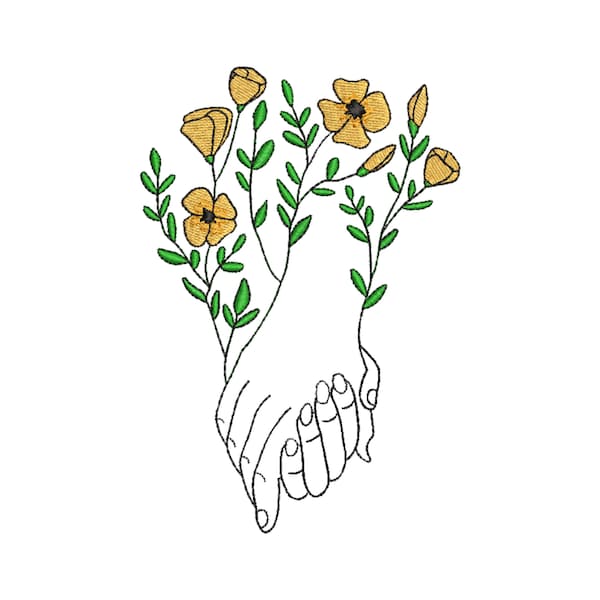Floral Holding Hands Embroidery Design, 6 Size, Holding Hands Line Art Machine Embroidery Design, Quick Stitch Floral Love Embroidery