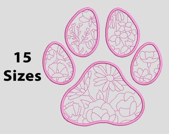 Mini to Large Floral Paw Print Machine Embroidery Design, 15 Sizes, Paw Dog Outline Embroidery Design, Paw Line Art, Dog embroidery design
