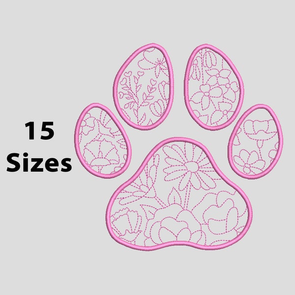 Mini to Large Floral Paw Print Machine Embroidery Design, 15 Sizes, Paw Dog Outline Embroidery Design, Paw Line Art, Dog embroidery design