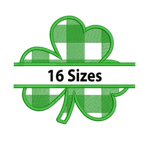 May include: A green and white plaid shamrock design with the text "16 Sizes" in black. The shamrock is outlined in green and has a white space for text.