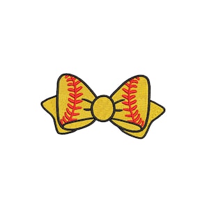 May include: A yellow bow with red stitching, resembling a softball, is a cute and sporty accessory.