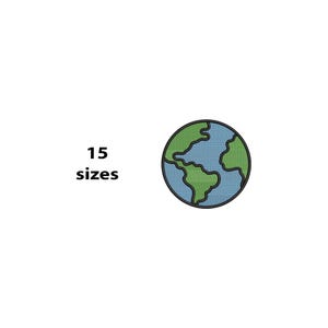 May include: A circular graphic of the Earth with blue oceans and green continents, outlined in black. The text "15 sizes" is displayed in black, next to the Earth graphic, on a white background.