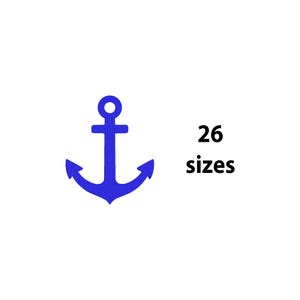 May include: A blue anchor graphic on a white background. The anchor has a classic design with a ring at the top and two curved arms. The text "26 sizes" is to the right of the anchor.