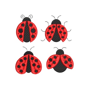 May include: Four red and black ladybugs with black spots. The ladybugs are embroidered and have a simple design.