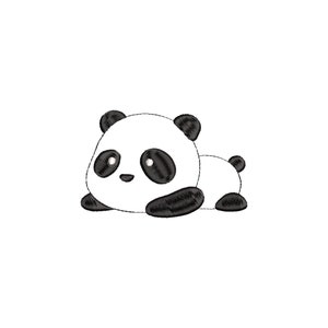 May include: A black and white cartoon panda bear lying on its belly with its paws outstretched. The panda has a cute, round face with black eyes and a small, black nose.
