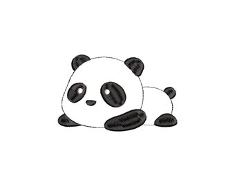 Puede incluir: Un oso panda de dibujos animados en blanco y negro acostado boca abajo con las patas extendidas. El panda tiene una cara redonda y linda con ojos negros y una pequeña nariz negra.