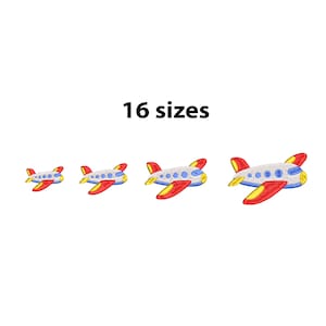 May include: Four embroidered toy airplanes in a row, each with a different size. The airplanes have red, yellow, and blue wings and tails, with a white body and blue windows. The text "16 sizes" is above the airplanes.