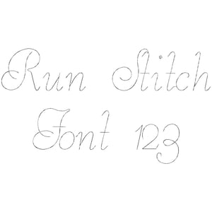 May include: A white background featuring the words "Run Stitch Font 123" in a fine, cursive script. The text is a dark grey, with a textured appearance, resembling stitching or embroidery.