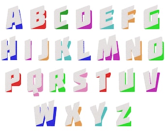May include: A full alphabet in a bold, 3D style. Each letter is white with a textured appearance, outlined with vibrant colors like blue, red, green, and orange. The letters are arranged in rows, showcasing the complete set from A to Z.