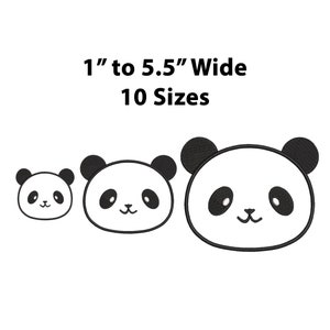 May include: Black and white panda bear face embroidery design in 10 sizes, ranging from 1 inch to 5.5 inches wide.