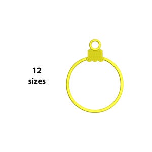 May include: A yellow Christmas ornament design with a circular frame and a loop at the top. The text "12 sizes" is displayed in black, indicating the available sizes for this design. This design is suitable for holiday-themed crafts and decorations.