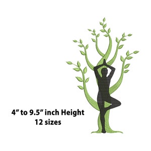 May include: A silhouette of a person in a yoga pose, standing in a tree pose, inside a green leafy tree. The image includes the text "4" to 9.5" inch Height 12 sizes".