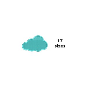 Op de afbeelding: Een turquoise wolk-vormig borduurontwerp met een lichtblauwe omtrek. De tekst "17 maten" wordt in het zwart weergegeven, wat de beschikbare maten voor het ontwerp aangeeft. Het ontwerp staat tegen een witte achtergrond.
