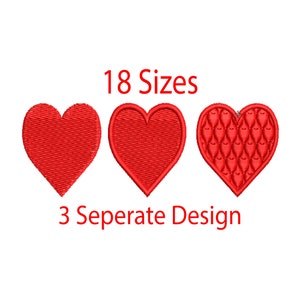 Op de afbeelding: Drie rode hartborduurmotieven, elk met een ander patroon. De ontwerpen zijn gelabeld met "18 maten" en "3 aparte ontwerpen".