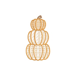 May include: A stack of three orange pumpkins rendered in an embroidery style. Each pumpkin features a distinct gold-toned stitched pattern, including lattice, swirls, and geometric shapes, topped with a small brown stem at the very peak.