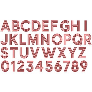 May include: A complete set of uppercase English alphabet letters from A to Z and numerical digits from 0 to 9. Each character is rendered in a bold, dark red color and features a distinct triple-line striped design throughout the entire font.