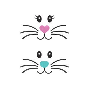 Puede incluir: Dos caras de animales de dibujos animados con pestañas, ojos y bigotes negros. La cara superior tiene una nariz rosa en forma de corazón y la cara inferior tiene una nariz azul claro.