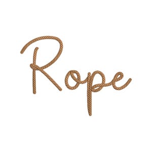 May include: The word "Rope" is spelled out in a cursive font, crafted from a thick, textured brown rope. The rope is knotted in the middle of the letter "R", and the background is plain white.