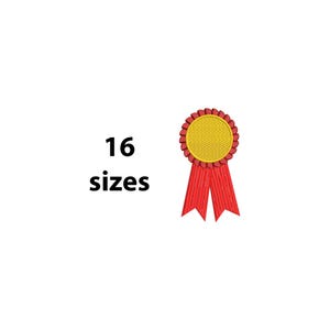 May include: An embroidered red and gold ribbon with a yellow centre and red ribbons. The text "16 sizes" is displayed in black, indicating the availability of multiple sizes.