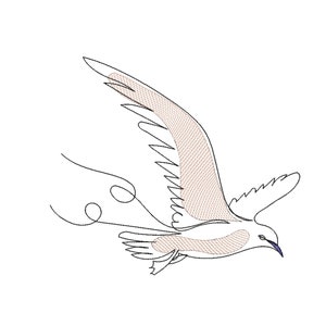 Pode incluir: Um desenho de linha de uma gaivota em voo com as asas abertas. A gaivota é desenhada em um estilo simples e minimalista, com um contorno marrom e um interior branco.